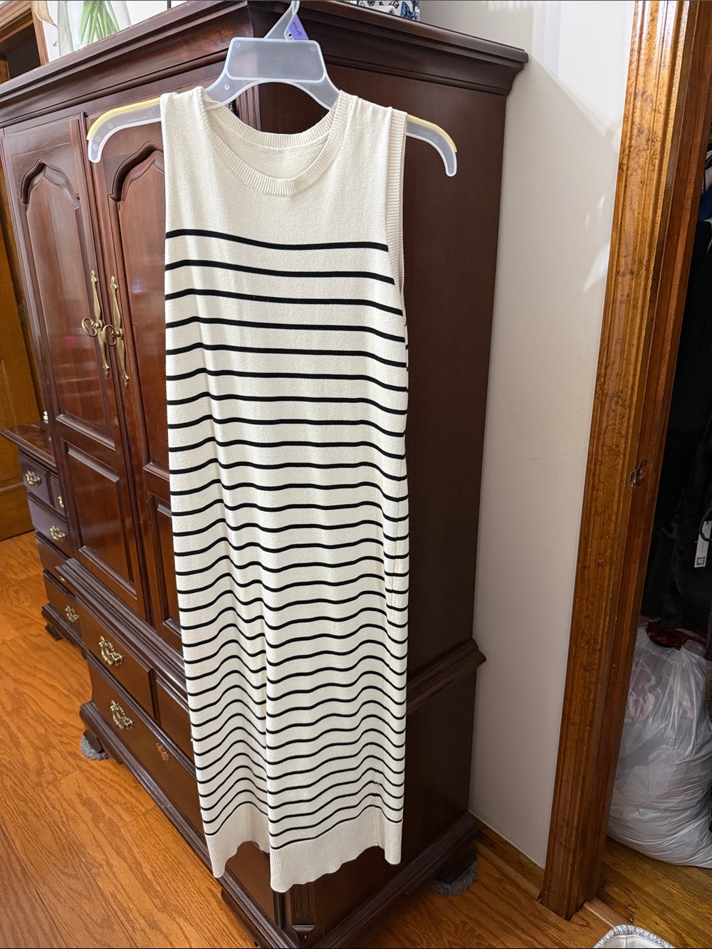 Sleeveless Cream and Black Striped Knit Midi Dress